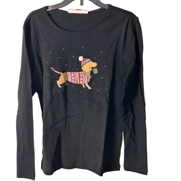 Karen Scott PMed Black Long Sleeve Top With Festive Dachshund Christmas Design - Picture 6 of 10